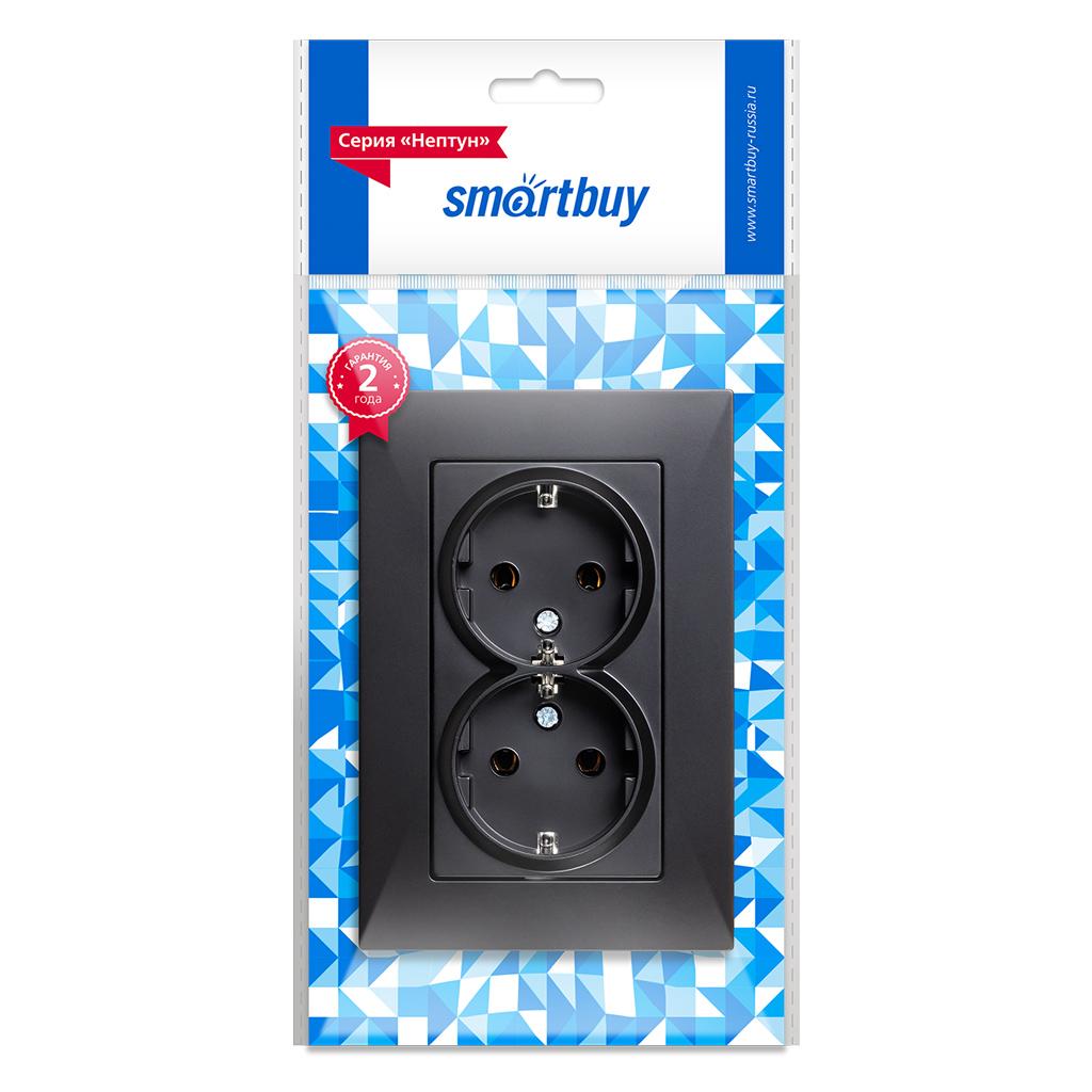 i3u0dq28628111syv3i626r42tvthu3v.jpg Розетка двойная с рамкой с/з черная Smartbuy — изображение 1