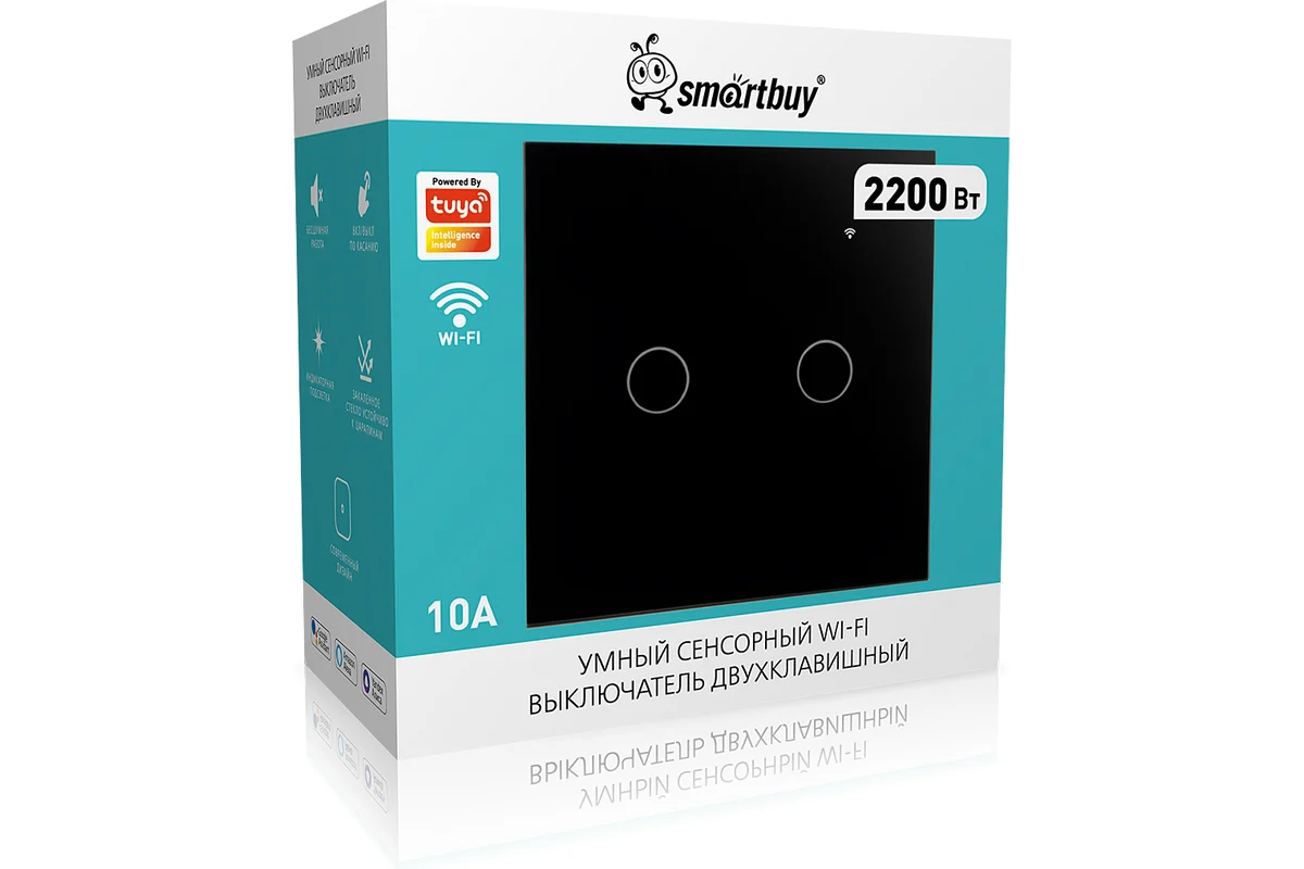 208301414 Умный сенсорный выключатель Smartbuy Wi-Fi (2 клавиши) черный — изображение 1